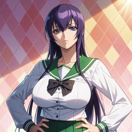score_9, score_8_up, score_7_up, 1girl, looking at viewer, sunlight, abstract background, argyle background, rainbow, heart, upper body, close-up, portrait, 
<lora:Saeko_Busujima_Dwnsty_r1:0.8>, saeko_busujima, purple hair,  blue eyes, long hair, hair between eyes, school uniform, serafuku, green skirt, long skirt, pleated skirt, black bowtie,
lips, expressionless, large breasts, skindentation,  mature female, hands on own hips,