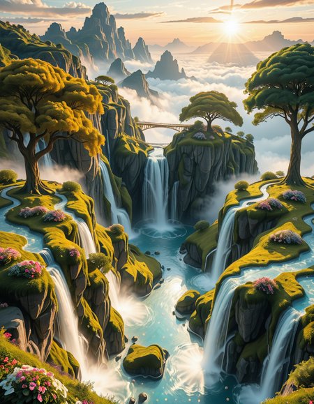 A mesmerizing celestial background featuring an otherworldly paradise. Towering crystalline mountains with peaks that glow softly under a sky painted in shifting hues of iridescent blues, pinks, and golds. Rivers of liquid light flow through vast, open meadows filled with luminescent flowers that pulse with a gentle glow. Gigantic, translucent trees with silver leaves sway in a breeze that carries floating particles of golden dust. Suspended bridges made of shimmering energy connect ancient, floating monoliths engraved with intricate celestial patterns. In the distance, an enormous radiant waterfall cascades into a bottomless, mist-covered abyss, reflecting the surrounding ethereal glow. A tranquil atmosphere, untouched and divine, filled with an overwhelming sense of wonder and serenity.
<lora:SDXLFaeTastic2400:0.4> <lora:extremely_detailed:0.4> extremely detailed,heavenly l4ndsc4p3, <lora:heavenly_l4ndsc4p3-i:1>, Masterpiece,best quality,hi res,8k,hi res,8k,award winning,(sharp focus, intricate, highly detailed),