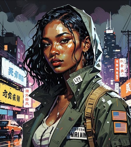 (Chanel Iman,a girl with a beautiful face), nighttime, cyberpunk city, dark, raining, neon lights, ((Wearing a blazer over a hoodie)), blazer, hoodie,(cyberpunk 2077 cityscape), (<lora:ScrapBuiltAI:0.5> scrapbuiltai ,<lora:DiscoDeliriumXL-v1.2:0.5> disco elysium ), cyberpunk 2077, cyberpunk, synthwave, 1980s, futurism, brutalism, neuromancer, cinematic photo,, Amid the ruins of a once-majestic fortress, a soldier pauses, her silhouette ghostly against the backdrop of shifting terrains that oscillate between detailed battle maps and molten landscapes, Tornado, Barren trees, Menacing,,((art by Kuroda Seiki)),(tiny breasts, flat chest), toned, fit, (21yo), a 25-year-old woman, detailed face, petite figure, detailed skin texture, pale skin, thigh gap,art by Agnes Cecile,art by Adrian Tomine