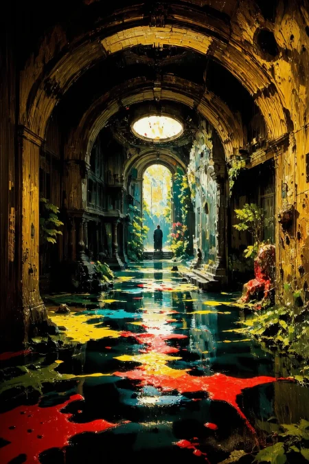 creepy mansion interior, dark tunnel, beautiful surreal horror landscape, phantom, skull, monster, woman, paint stains in the water, vivid colors, colorful, multilayer paint splash style, <lora:Hand v2:1> <lora:Anti-Blur:1> <lora:Insane Detail Slider:0.5>   <lora:Flux.1_Turbo_Detailer:0.6>   <lora:flux-photo-transparent_Alpha_1.0:0.8> <lora:flux.1_lora_flyway_Epic-detail_v2:1>   <lora:Painterly01b_CE_FLUX_AIT:0.8> pntrlyCE_style <lora:PsykeV1:1>  <lora:VividlySurreal:1>