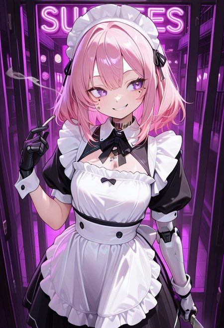 masterwork, masterpiece, best quality, hyper-detailed, 8k uhd,
1girl, solo, CivChan, purple eyes, pink hair, medium hair, maid uniform, coy, smiling sweetly, 
japanese, Cyberpunk(green and purple background, big buildings, neon signs, open bars, prostitutes offering themselves:1.2), tobacco, smoking, black armored suit, one arm sleveless, sidbob, short black undercut hair, mechanical arm, mechanical eye, holding Knife, looking to side, barcode tattoo under eye, number tattoo in arm, 
masterpiece, extremely aesthetic, highly detailed, dynamic composition, vibrant colors, vivid colors, saturated,  
<lora:LoraILXL10_YamiStyle_v1:1> <lora:CivChan:1>