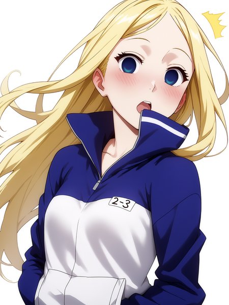pixiv masterpiece, source_anime, score_9, score_8_up,  score_7_up, score_6_up, absurd res, BREAK
 <lora:Nino_arakawa_under_the_bridge_illu_v24-000017:1>, nino_arakawa_il, 1girl, solo, tracksuit, number_tag,  looking at  viewer, ,small breasts, blushing, surprised,  white background, simple background, hands_in_pockets, upper body
