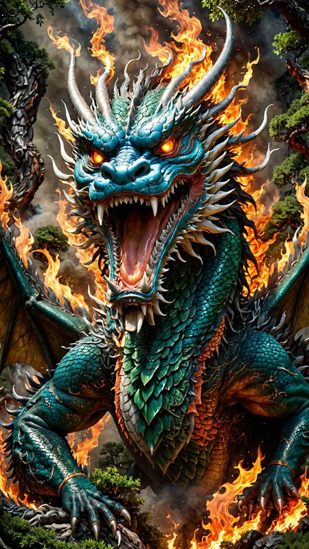a hiding and grumpy acient chinese dragon concealed by trees, shrubs is peeking out and blowing fire at the viewer, fire underneath dragons scales, the fire burns very intensly lighting up the trees as the dragon breathes fire from its mouth, high up in the Tibetan mountains, green scales highly detailed, and large white pointy teeth, (large black wing span), and body wraps around all the trees, (in the background in the mountains is a Tibetan monasteries with monks in in orange gowns, UHD, 8k, intense lighting, award winning masterpiece, extremely detailed, detailed background, cinematic, complex and multidimensional lighting, <lora:Dragon_Fire:0.6>, Dragon Fire, Blue scales