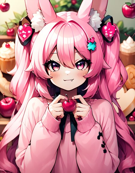 score_9, score_8_up, score_7_up, score_6_up, score_5_up, score_4_up, 
CuteStyle, 1girl, animal ears, pink hair, cherry, solo, food, fruit, hair ornament, animal ear fluff, pink eyes, blurry, long hair, fang, looking at viewer, rabbit ears, blush, depth of field, bangs, long sleeves, hairclip, hair between eyes, heart, skin fang, smile, star (symbol), :3, ribbon, closed mouth
,<lora:Cute_Style_pony:0.8>