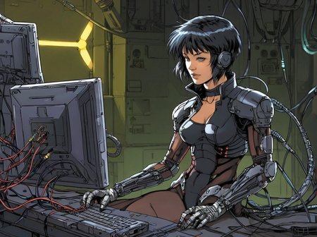 masterpiece, best quality,
 <lora:gits_style:0.6>,
gits95,
 1girl, solo, cable, short hair, sitting,solo,cyberpunk,wire