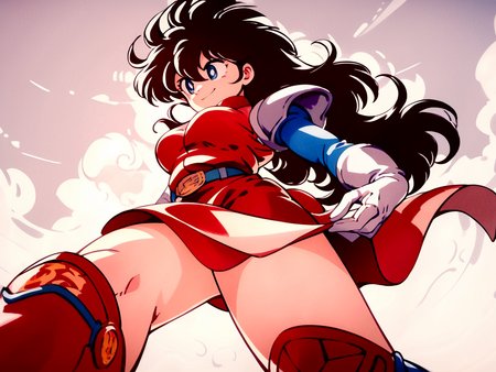 score_9, score_8_up, score_7_up, score_6_up, score_5_up, score_4_up, source_anime, <lora:pony_xl_momo:1> momo, blue bodysuit, belt, miniskirt, red skirt, shoulder armor, white gloves, knee boots, bare legs, from below, smile, traditional media, solo <lora:Ippongi_Ban_Artist_Style_PonyXL:1>
