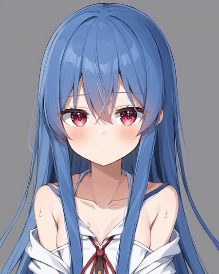 hinanawi tenshi,1girl, solo, simple_background, looking_at_viewer, grey_background, red_ribbon, neck_ribbon, closed_mouth, collarbone, bare_shoulders, blush, no_headwear, off_shoulder, sweatdrop, white_shirt
<lora:hinanawi_tenshi_image10043_2023-12-20:1>,star-shaped_pupils,symbol-shaped_pupils,. gorgeous,key visual, vibrant, studio anime,award-winning, professional, highly detailed,high budget, cinemascope
