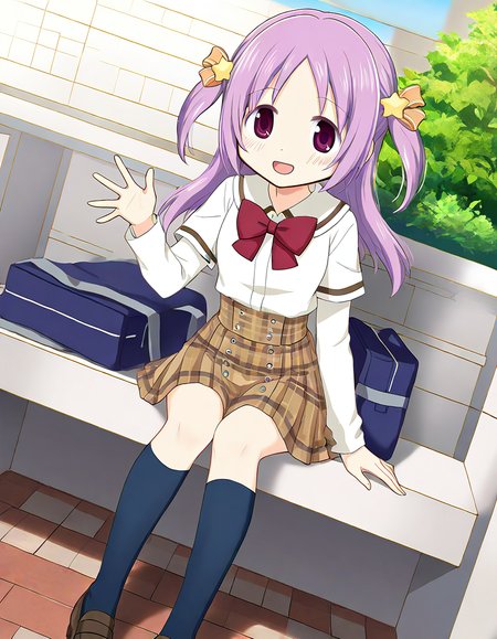 masterpiece, best quality, newest, absurdres, highres, safe, 1girl, misono karin \(school uniform\), magia record: mahou shoujo madoka magica gaiden, white sleeves, kneehighs, solo, smile, open mouth, looking at viewer, outdoors, dutch angle, <lora:misono_karin_noobaiXLNAIXL_vPred10Version:0.7>