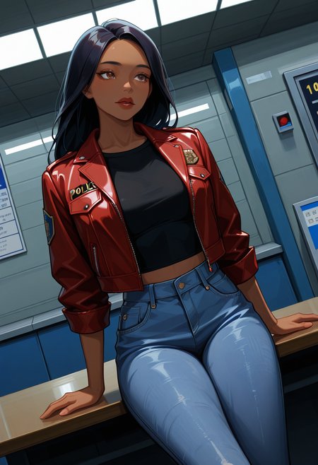 masterpiece, high quality, 3l1s4g4rg, 1girl, solo, human, black hair, long hair, brown eyes, dark-skinned female, red jacket, black cropped shirt, jeans, cowboy shot, dutch angle, police station, table, sitting on table,