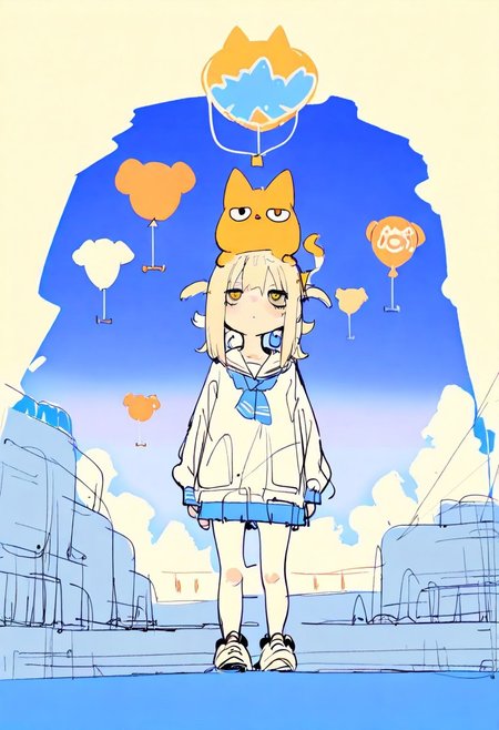 masterpiece, newest,absurdres,incredibly absurdres, best quality, amazing quality, very aesthetic, blue theme, orange fog,
1girl,cat hot air balloon, 
 <lora:S4bit4mago:1> S4bit4mago_illu,  <lora:pikus0n_illu:1> pikus0n_style, sketch