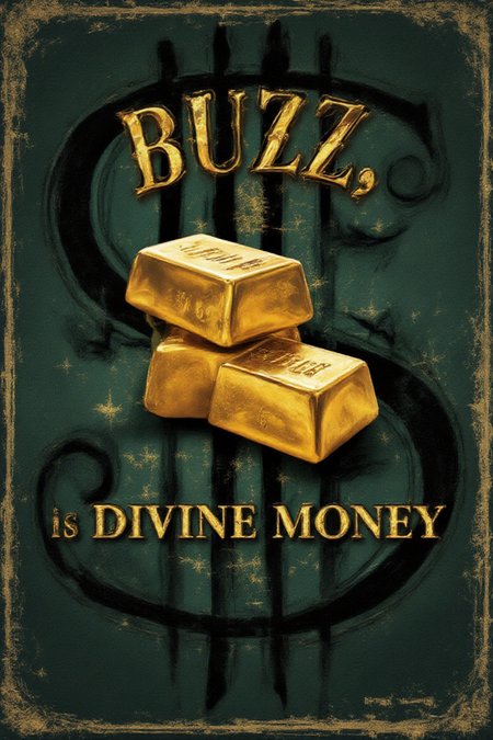 Advertisement poster, 3 pieces Gold Bar, with a solid Dollar Sign bold backdrop, text in vintage font "BUZZ is Divine Money", moody subdued colors, retro overlay,vintage_p_style