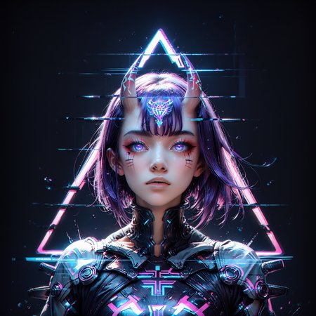 score_9,score_8_up,score_7_up,  glitch, d1splaygl1tchl1nes, a glowing (triangle:1.1), 1girl, shuten douji \(fate\), cyborg, breasts, contrapposto, shiny, glamour, makeup, glossy, glowing eyes, anamorphic, head tilt, science fiction, head tilt, geometric, cyberpunk style  <lora:Glitch:0.8>  <lora:Display_Glitch_Lines_Effect_PONY_XL_by_UOC:0.7> <lora:futuristic_Concept:0.2> <lora:Cyberpunk_Style:0.2> <lora:TransHumanizm_Concept_PONY_XL_by_UOC:0.4>, (black background:0.8), particles, dust, lines, [:horns:0.4],violet hair,bangs,hair between eyes