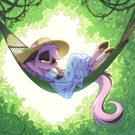 1girl,solo,furry,pink fur,tail,ears,source_furry,
,<lora:Viriathus_Vayu_illustrious:0.8>,
child, kid, 
flower_hammock, floral_blanket, sunhat, serene_expression, garden_background, soft_lighting, blooming_vines, dreamy_vibes, lazy_afternoonm napping in a hammock woven with flowers, her hat tipped over her eyes. Blooms cascade around her as sunlight filters through leaves.