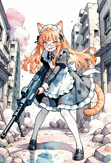 solo,
1boy, flat chest, trap,  skinny, light orange cat ears, light orange cat tail, long hair, air_ bangs, (light orange hair), yellow eyes, slit pupils, round glasses,
maid dress, white pantyhose, maid headdress, shoes, maid apron, white apron,  alternate costume, frills,
weapon, open mouth, holding weapon in two hands, full body,smile, blush, very big weapon, machine gun, smoke, scifi:1.4,  action pose,
street, ruins, 
masterpiece,best quality,amazing quality,  <lora:watercolor2IL-style:1>, pastel color, watercolor, traces of water paint,