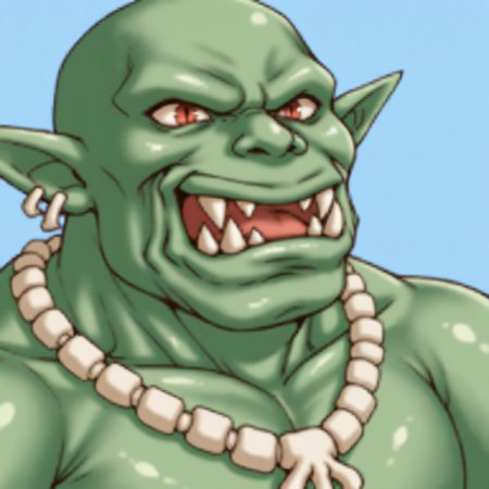 (source_anime, score_9, score_8_up, score_7_up:1), rm2kfaceset, solo, orc, green skin, bone necklace, fangs, blue background