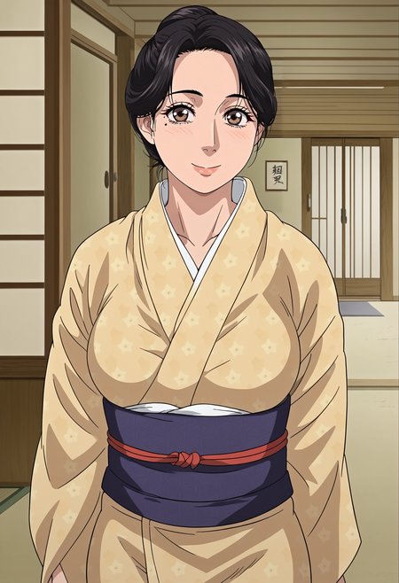 <lora:Ayaka_YOSHINO-Konna_ni_Yasashiku_Sareta_no:0.8>,Ayaka,mature female,1girl,solo,black hair,mole under eye,brown eyes,hair bun,japanese clothes,kimono,cowboy shot,looking at viewer,indoors,smile