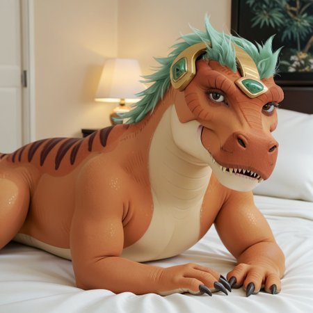 score_9, score_8_up, score_7_up, score_6_up, score_5_up, score_4_up, masterpiece, high quality, realistic, detailed, best quality, white bed, solo, rating_safe, source_furry, bedroom, lying on belly, smiling, seductive, (looking at viewer), close up, detailed eyes, Tyrannosaurus_ram, dinosaur, tyrannosaurus, orange scales, green hair, tail, claws, 1girl, female, black eyes, headgear, feral