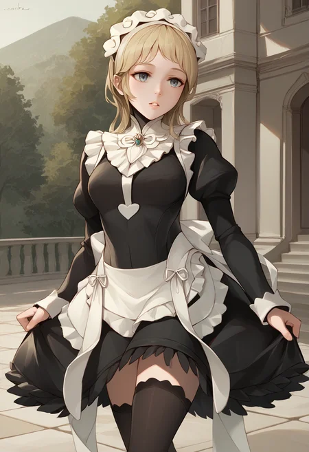 score_9, score_8_up, score_7_up, source_anime, BREAK 1girl, solo, <lora:chowbie-artist-richy-v1_pdxl:1> <lora:fatesmaid-fe-richy-v1_pdxl:0.8> fates maid, maid headdress, maid apron, black thighhighs, blonde hair, parted lips, standing
