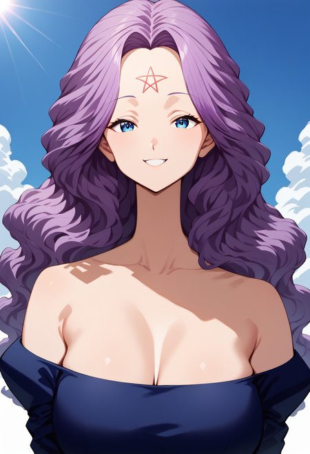 1girl, solo, field, sky, sunlight, upper body, smile, 
ria_kinakamo, forehead mark, blue eyes, purple hair, long hair, wavy hair, cleavage, blue dress, bare shoulders, long sleeves, off shoulder, <lora:ria_kinakamo_pony_ver1:0.8>, score_9, score_8_up, score_7_up, BREAK source_anime, best quality, masterpiece, uncensored, Captivating Eye Reflections,,