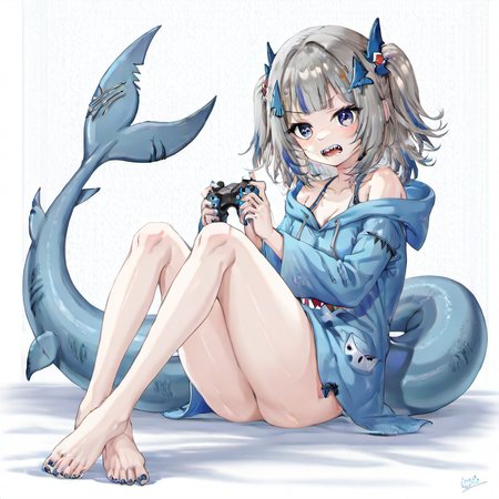 1girl, gawr gura, gawr gura (1st costume), by kodoto, animal hood, annoyed, bare legs, bare shoulders, barefoot, blue eyes, blue hair, blue hoodie, blunt bangs, controller, feet, fins, fish tail, grey hair, hair ornament, hood, hoodie, indian style, long sleeves, medium hair, multicolored hair, nail polish, shark girl, shark hair ornament, shark hood, shark tail, sharp teeth, sitting, solo, streaked hair, tail, teeth, toenail polish, toenails, toes, two side up, wide sleeves,