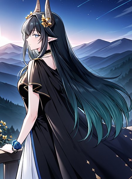 <lora:Regressor_Instruction_Manual__Dialugia:1>
1 girl, solo, long hair, straight hair, black hair, greenish blue hair, gradient hair, bangs, hair ornament, golden flowers, elf ears, horned girl, horns, 
white dress, black outer robe, blue lining, blue trim, black cloak, starry cloak, layered outfit, black and gold accents, golden trim, choker, black choker, sleeveless dress, long dress, open cloak, necklace, blue rose bracelet
score_9, score_8_up, score_7_up, source anime, BREAK, cowboy shot, (from side), looking back, looking at viewer, overlooking mountain, high altitude, scenery, exterior, background