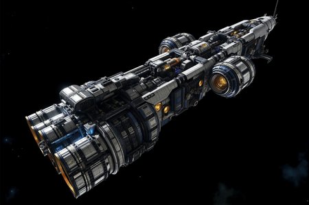 <lora:SpaceCraft_v.1:0.8> SPCCRFT style. A formidable deep-space vessel glides silently through the vast emptiness, its intricate and heavily-armored structure exuding a sense of purpose and resilience. The ship's exterior showcases a complex arrangement of modular compartments, reinforced plating, and an array of exposed mechanical elements, including pipes, conduits, and solar arrays that provide a seamless blend of functionality and industrial aesthetics. Golden-hued observation windows punctuate the hull, casting a warm glow that contrasts with the cold metallic grays and deep blues dominating the vesselâs design. The midsection is densely packed with interlocking segments, housing critical infrastructure, while the aft section features massive cylindrical thrusters encased in structural bracing, designed for powerful propulsion across interstellar distances. Two large, illuminated side modules extend outward, their intricate framework adorned with docking hatches, storage compartments, and communication relays, enhancing the shipâs versatility for extended missions. The forward section tapers into a sleek, aerodynamic point, with sensor arrays and high-gain antennas deployed for navigation and data collection. The surrounding void of space, with distant stars faintly flickering in the black expanse, creates an atmosphere of isolation and grandeur. The image embraces a photorealistic sci-fi art style, characterized by high-detail texturing, advanced lighting techniques, and precision-driven mechanical designs. Strategic lighting, including subtle rim lights and reflective highlights, emphasizes the vesselâs intricate surface details, giving it a cinematic and immersive presence that evokes themes of deep-space exploration and technological mastery.