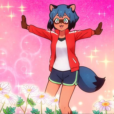 score_9, score_8_up, score_7_up, score_6_up, score_5_up, score_4_up, michiru kagemori, short hair, black hair, animal ears, blue hair, multicolored hair, furry, furry female, raccoon ears, body fur, raccoon girl, raccoon tail, tail, shirt, jacket, white shirt, shorts, red jacket, blue shorts, track jacket, 1girl, alone, masterpiece, highres, highly detailed face, <lora:Jujutsu_meme_face:1>, open mouth, arms outstretched, tilted torso, open hand gesture, leaning forward, one leg raised, pink gradient background, sparkles, bokeh effect, flowers, soft lighting