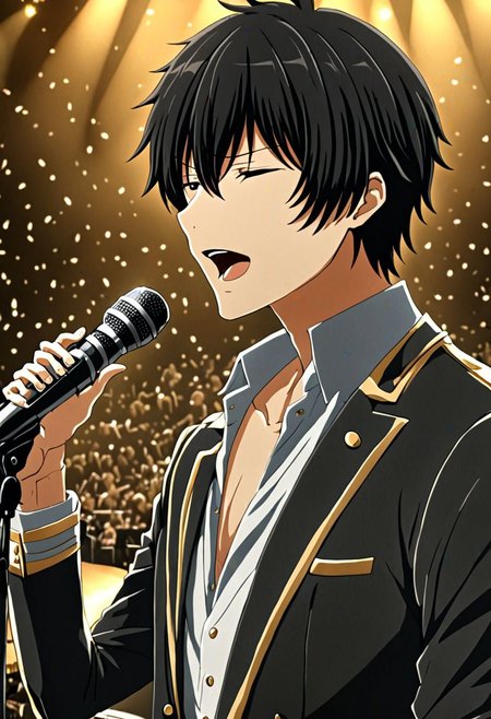 high resolution, solo, best quality, 1Boy, Seiya Kanie, black hair, short hair, thin, singing, portraits, dept of field, virtual concert, playing musical instrument, OverallDetail
