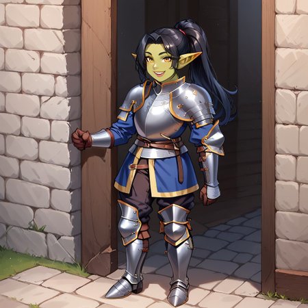 1girl, black hair, ponytail, sharp teeth, enormous lips, medieval armor, closeup, goblin woman, green skin, medieval clothes, large smile, (boisterous smile, mischievous smile), Expressiveh, yellow eyes, very muscular, pointed ears,  female goblin, Goblin, solo, long hair, gremlin energy, very short woman, mega ponytail, fully clothed, short stature, shortstack, ((armored boots, boots, shoulder armor, armor, pants, greaves, gloves, long sleeves)), broad shoulders, huge arms, Knight