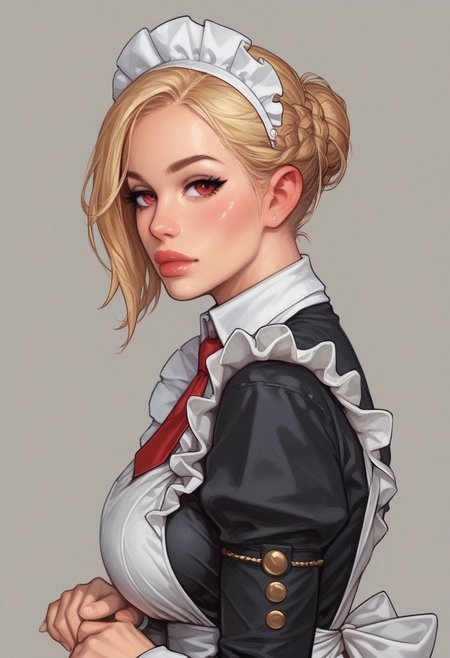 from front, (((side view))), 1girl, illustration, comic style, looking at viewer, highly detailed,
RosieTJ, 1girl, robot girl, metal body, red eyes, red buttons, wheels, white maid cap, white collar, white cuffs, white hip apron, black skirt, female
((full-clothed)), 
BREAK 
dynamic pose <lora:Cherry-Gig:0.55> ((((full-clothed)))), 
BREAK
((rest room background))) score_9, score_8_up, score_7_up, score_6_up, source_cartoon, rating_explicit, Expressiveh, (((((upper body))))), dynamic pose