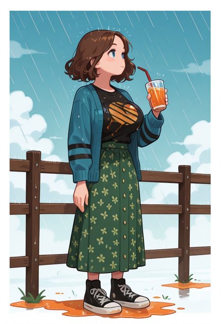 masterpiece, best quality, good quality, very aesthetic, absurdres, newest, 8K, from side  BREAK 
side portrait of stunning  girl standing,((orange liquid on breast)) , 
pastel cyan , big  breasts,orange juice on breast,
, wide hips, breast, NathMine, 1girl, short hair, wavy hair, brown hair, blue eyes,, blue cardigan, long sleeves cardigan, black stripes on cardigan sleeves,black t-shirt under cardigan, sun t-shirt,  sun symbol on t-shirt,  long skirt, floral skirt, green skirt, high-waist skirt, black sneakers,
,ultra detailed ,
simple pastel gradient blue background with extremely thick white border,
BREAK 
looking away, surprice look, 
(holding a soda cup with a straw, straw with soda),
(storming), strong wind, cloudy, 
ultra-realistic, Flatline, Flat vector illustration, haiz_ai, no lineart, no outline,  rain,
heavy-rain, modern fence in background, clouds, very smoky,
<lora:Rain (Illustrious) v1:0.5> <lora:ponyv6_noobE11_2_adamW:0.25> <lora:haiz_ai_illu:0.8> <lora:flatline:1.65>