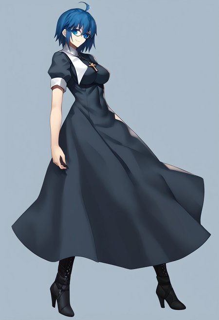score_9, score_8_up, score_7_up, score_6_up, score_5_up, score_4_up, source_anime, 2girl, 
ciel, ciel \(tsukihime\), ahoge, black dress, black footwear, blue-framed eyewear, blue eyes, blue hair, boots, breasts, cross, cross necklace, dress, glasses, habit, hair between eyes, high heel boots, high heels, jewelry, large breasts, latin cross, long hair, short sleeves, necklace, nun, smile, solo, 
masterpiece, best quality, very aesthetic, absurdres,