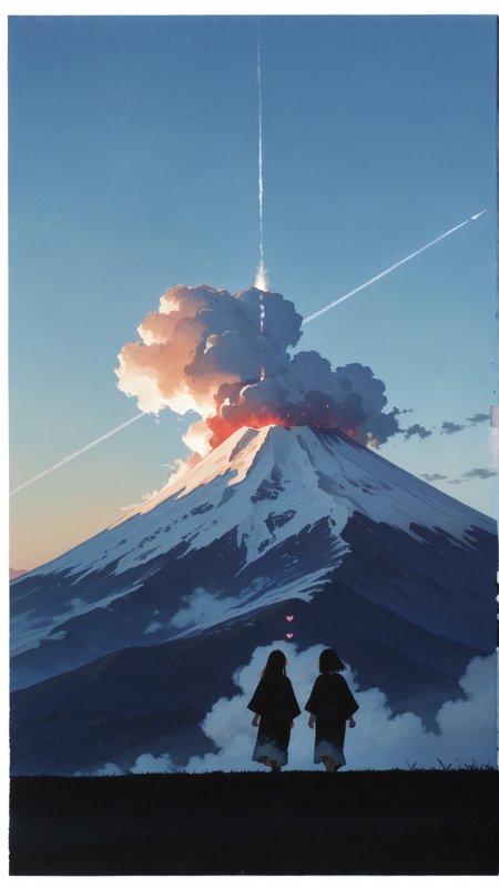 masterpiece, newest,absurdres,incredibly absurdres, best quality, amazing quality, very aesthetic, painterly,
2girls, mount fuji,  walking on border, white border, contrail, hearts, white smoke, meteor impact,
<lora:KonYa666:1> kony4666 <lora:ka_marukogedago:1> k4_illu, abstract, traditional media, scan, blending, painting \(medium\), oil painting \(medium\)