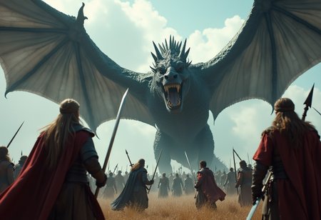 cinematic, dnd, game of thrones still shot, dnd adventuring party, armed with swords and spears, in battle stances, face a majestic fearsome dragon swooping towards them, cinematic background,