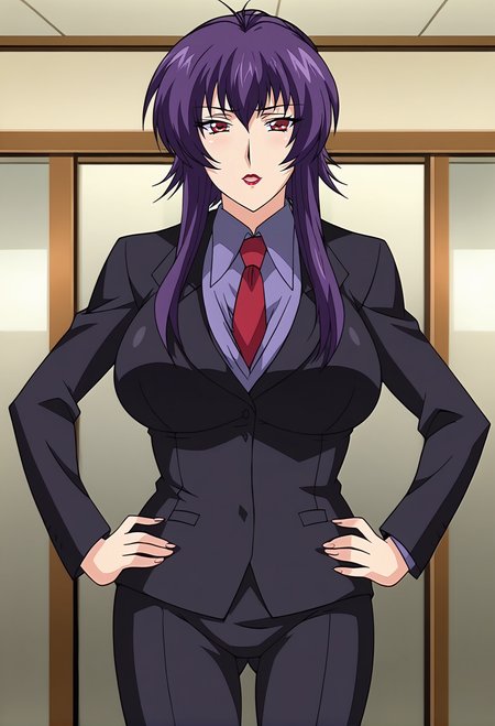 <lora:Sakurai_Sawa-Hypnotism_2:1>,sawa,1girl,purple hair,lipstick,large breasts,red eyes,long hair,suit,formal,hands on own hips,looking at viewer, indoors