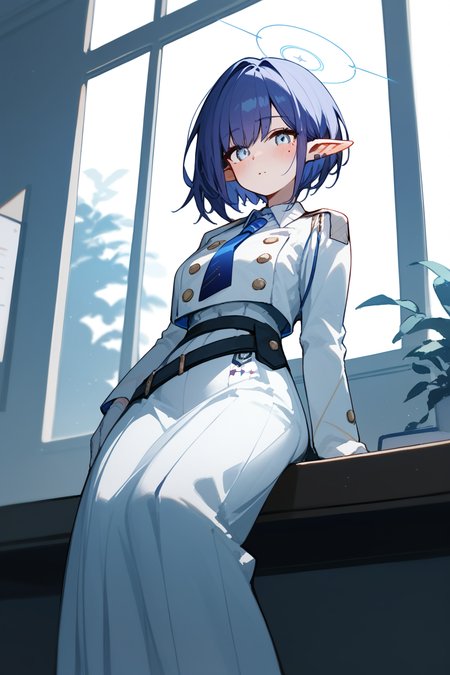 (score_9,score_8_up,score_7_up,),<lora:Oki aoi-000024:1>,Oki Aoi,short hair,blue hair,pointy ears,blue eyes,mole under eye,halo,white jacket,white jacket,blue necktie,white gloves,belt,blush,white skirt,long sleeves,high heels,long skirt,