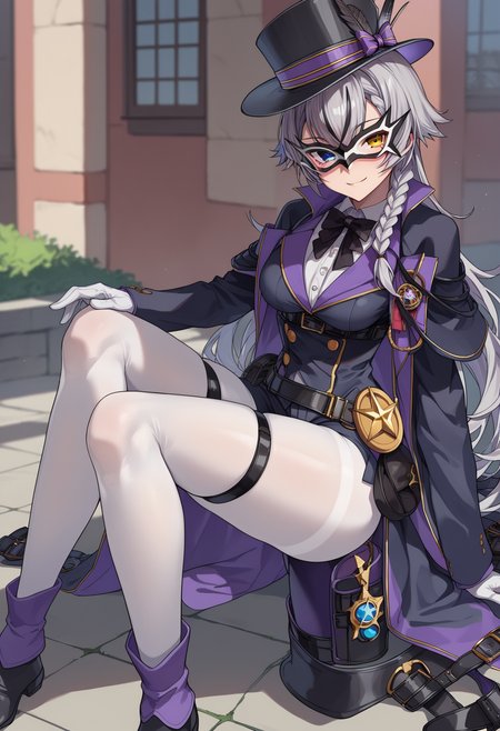 score_9, score_8_up, score_7_up, source_anime, rating_explicit,
BREAK
1girl, solo, 
<lora:shiPhamtonV1:1.0> ,shiphamrng,  grey hair, long hair, yellow eyes, blue eyes, 
heterochromia, braid, domino mask, 
top hat, white gloves, black jacket, long sleeves, 
belt, belt pouch, black shorts, 
white pantyhose, thigh strap, black footwear, 
looking at viewer, smile, 
outdoors,