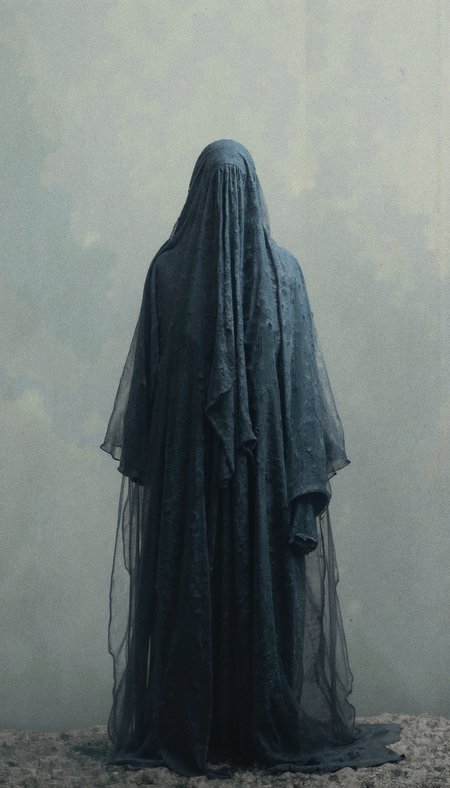A solitary female figure, swathed in an impeccably rendered panoply of dark, painterly hues, stands against an ethereal, texturally rich backdrop. Her alabaster hair, a tempestuous cascade, obscures most of her face, drawing the viewer's eye to her piercing gaze. She clutches a gleaming sword, its presence amplified by the chiaroscuro lighting, hinting at a latent strength within the diaphanous beauty. The composition, a medium shot, imbues her with an air of quiet power, further emphasized by the tenebristic palette. The focus should be on the contrast between her delicate features and the martial weapon, capturing the inherent duality of her nature. The background, an abstract coalescence of greys and whites, should remain nebulous, serving to further accentuate her ethereal presence.  Hyperrealistic digital illustration, octane render, volumetric lighting, anamorphic lens flares, global illumination, high dynamic range, s-curve contrast, filmic gamma curve