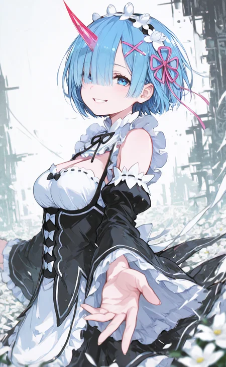 masterpiece, best quality, amazing quality, rem \(re:zero\), 1girl, solo, short hair, blue eyes, medium breasts, blue hair, single horn, grin,nostalgic atmosphere,abstract, (glitch:0.7),
looking at viewer, smile, outstretched arm, reaching towards viewer,
black dress, maid headdress, x hair ornament, pink ribbon, hair ribbon, frills, detached sleeves, hair flower, frilled sleeves, flower knot, roswaal mansion maid uniform,
upper body, from side, outdoors, white flower, wind,Depth Of Field, blurry foreground, 
(<lora:ponyv4_noob1_2_adamW:0.3>,<lora:MGE_V5.2_IL:0.5>,<lora:add-detail-xl:1>,<lora:ma1ma1helmes_b-STYLE:0.5>,<lora:r17329_illu:0.45>),