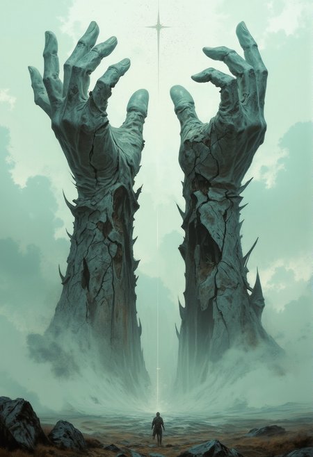 In an endless expanse of desolate plains shrouded in moody fog, two colossal hands made of ancient, weathered stone rise skyward, their ragged surfaces cracked and etched with the wear of time. The fog drapes the scene in an eerie stillness, emphasizing the towering height of the hands as they vanish into the mist above. The plains stretch infinitely in every direction, barren and silent, while faint, diffused light filters through the haze, casting soft, shifting shadows across the jagged surfaces of the stone. The hands seem frozen in a silent, eternal struggle, their presence both haunting and awe-inspiring in the boundless, fog-drenched expanse.