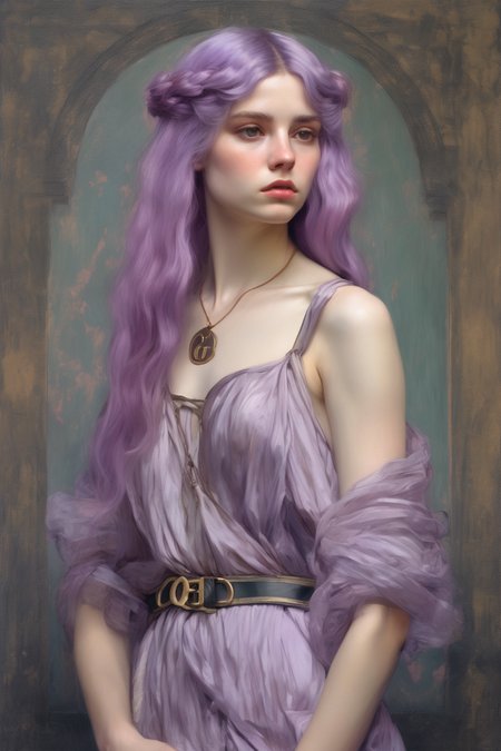 John William Waterhouse Style - full-body portrait of a young woman nymph wearing gucci high fashion clothes with pastel violet hair
