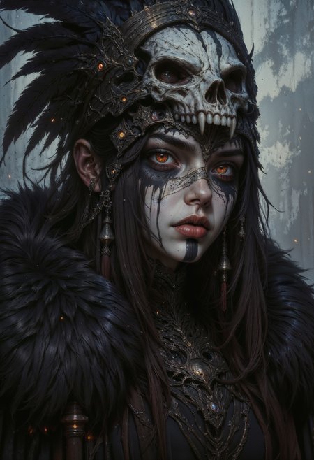 a digital painting in a dark, atmospheric style, portraying a mysterious woman with an air of ancient mysticism. The subject is a woman with pale skin and striking, glowing red eyes that seem to pierce through the dim light. Her long, dark hair cascades down her back, adorned with a large, ornate headdress made of black feathers and a prominent skull. The skull, centrally placed, is intricately detailed with sharp, menacing teeth and a hollow eye socket, adding to the eerie atmosphere.
Her face is adorned with tribal-like markings, including dark, geometric patterns around her eyes and mouth, enhancing her otherworldly appearance. She wears a heavy, fur-lined cloak that drapes over her shoulders, with the texture of the fur rendered in fine, detailed brushstrokes. The cloak is dark, almost black, blending seamlessly into the shadowy background.
The background is a gradient of dark grays and blues, with subtle, wispy light streaks that suggest a misty, ethereal environment. The lighting is soft but dramatic, casting subtle highlights and deep shadows that emphasize the contours of her face and the intricate details of her headdress and cloak. The overall mood is dark, mystical, and haunting, evoking a sense of ancient, forgotten lore.
