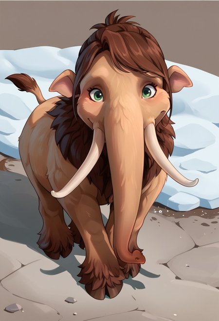 BREAK score_9_up score_8_up score_7_up, source_furry, view from above, bright light, from behind, Peaches (Ice Age), mammoth, elephant, light brown fur, brown hair, green eyes, horse tail, long bangs, trunk, tail, smile,