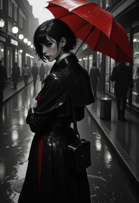 A tight black-and-white portrait of a woman standing in the rain, her soaked clothing clinging to her frame, caught in a moment where sadness feels eternal. The only color in the image is the deep, crimson red of an umbrella, held limply at her side, dripping with water, as if it had long since stopped protecting her. She looking at the viewer, her face tilted slightly downward, her eyes sad and filled with unshed tears. She is not fighting against the rain but letting it fall. The soft streetlights behind her are blurred into distant orbs of white and gray, giving the sense of a world moving on without her, fading into abstraction.