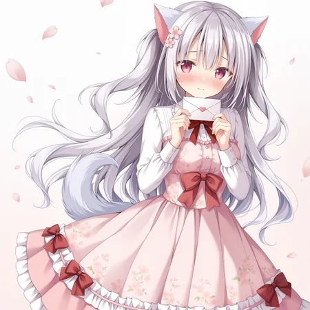 <lora:Kohana_1_nai-000026:1>,Kohana \(Amairo Chocolata\),two side up,cat ears,dog tail,hair ornament,hair flower,
pink dress,long sleeves,floral print,red bow,white shirt,frilled dress,dress bow,chest bow,pink bow,red bowtie,collared shirt,sleeve cuffs,print dress,white frills,pink frills,
1girl,solo,cherry blossoms,falling petals,simple background,looking at viewer,shy,blush,holding letter,love letter,