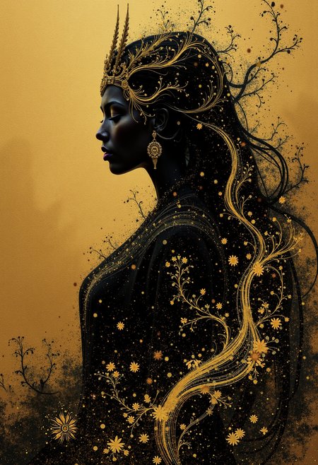 A dark-skinned woman, in profile view, with a crown of gold ornate details, and long, elegant black hair. The hair is depicted with gold streaks and patterns, like flowing vines and flowers. The crown and hair adornment have a textured, ornate quality, seemingly made of gold. Her eyes are closed, and she wears ornate gold earrings. She is draped in a flowing black garment, or robe, with similar gold embellishment in the form of vines and floral designs throughout the robe which flows around her figure. The background is a golden, textured, hazy backdrop, with splashes of gold and black paint, creating a sense of depth. The style is impressionistic, with a focus on mood and atmosphere more than photographic precision. The color palette is primarily golds, blacks, and deep browns. Use soft lighting and delicate lines for ornamentation. Add a few scattered gold flakes and little floral accents all throughout the image as a suggestion of a lush, ornate background. A golden and black palette with a mystical, otherworldly, and regal aura.<lora:boFLUX Golden Noir Abyss.safetensors:1.0:1.0>
