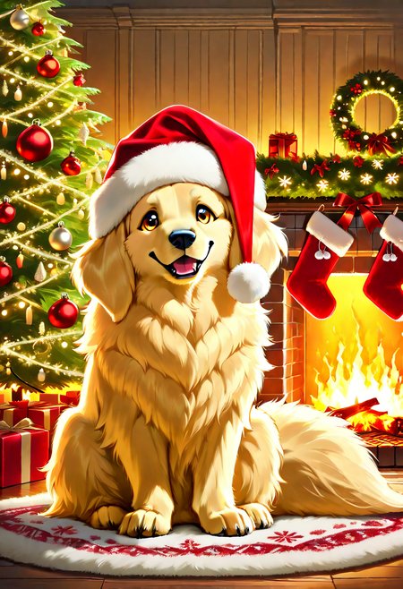 Animal Christmas, masterpiece, best quality,  A fluffy golden retriever wearing a Santa hat, sitting by a crackling fireplace and a glowing Christmas tree.
