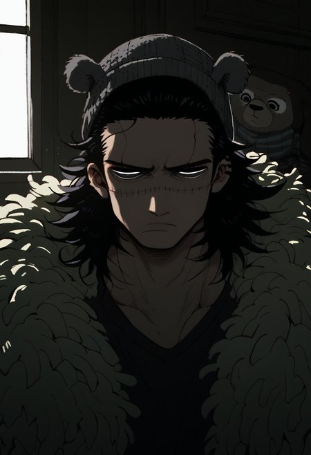 score_9, score_8_up, score_7_up, hyper detailed face, score_6, score_5, anime, perfect face, perfect anatomy, perfect eyes, dark theme, 1boy, solo, upperbody, closeup, athletic, indoors, messy hair, spiky hair, black hair, ((black_eyes)), serious, tired eyes, male focus, relaxed, stitches, scars, (((light grey beanie, gray_bear_ears, Croco_scar, gray animal hat, animal beanie, koala hat, koala beanie, fur ears, fur pompoms))), fully clothed, forehead, looking at viewer