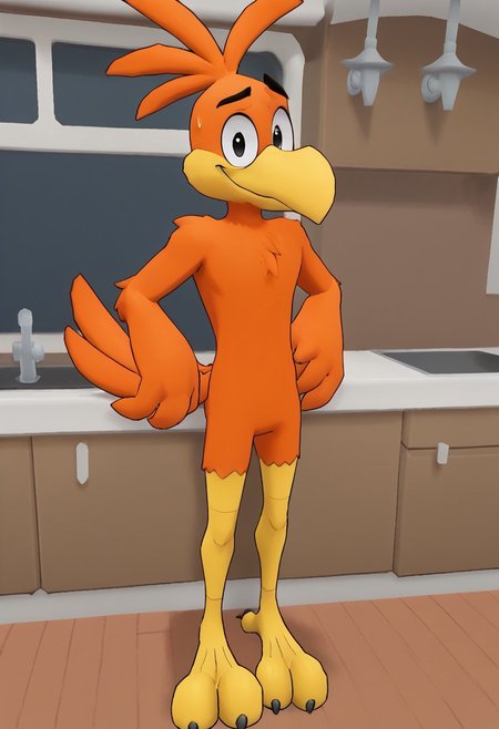digital_media_(artwork) score_9, score_8_up, score_7_up, score_6_up, score_5_up, score_4_up,
sonny, bird, orange feathers, bird anthro, male, 1boy, solo, anthro, featureless chest, tail, raised tail, bird tail, kitchen, interior, inside, furry male, furry, black eyes, simple eyes, cartoony style, cartoony eyes, standing,
medium long shot, masterpiece, 8k, best quality, anthro, absurd res, perfect face, perfect eyes, detailed face, detailed eyes, 4 fingers, closed mouth,
front view, looking at viewer, facing viewer,
nervous, nervous expression, nervous smile, closed mouth,
arms resting at sides, (3D:0.7),