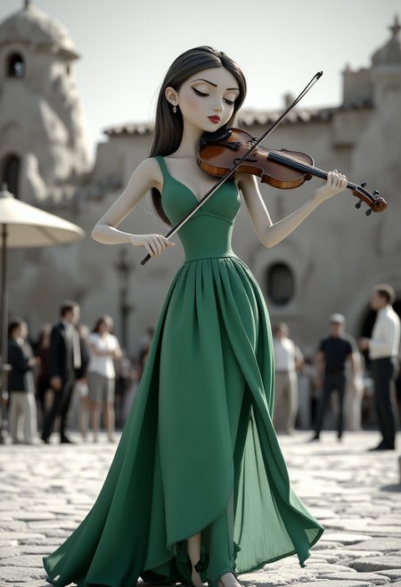 3dc4r1c4t9r3a, A beautiful female electric violinist, wearing green dress,  alone in a big desert Italian place.  Everything else in the image is black and white, including the background and architectural elements.Spotlight on the violinist, Engrossed crowd, High contrast, Intricate violin details, Dynamic performance pose. diclrpp
